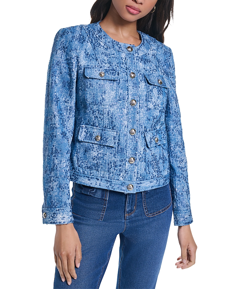 Karl Lagerfeld Paris Sequin Denim Collarless Jacket