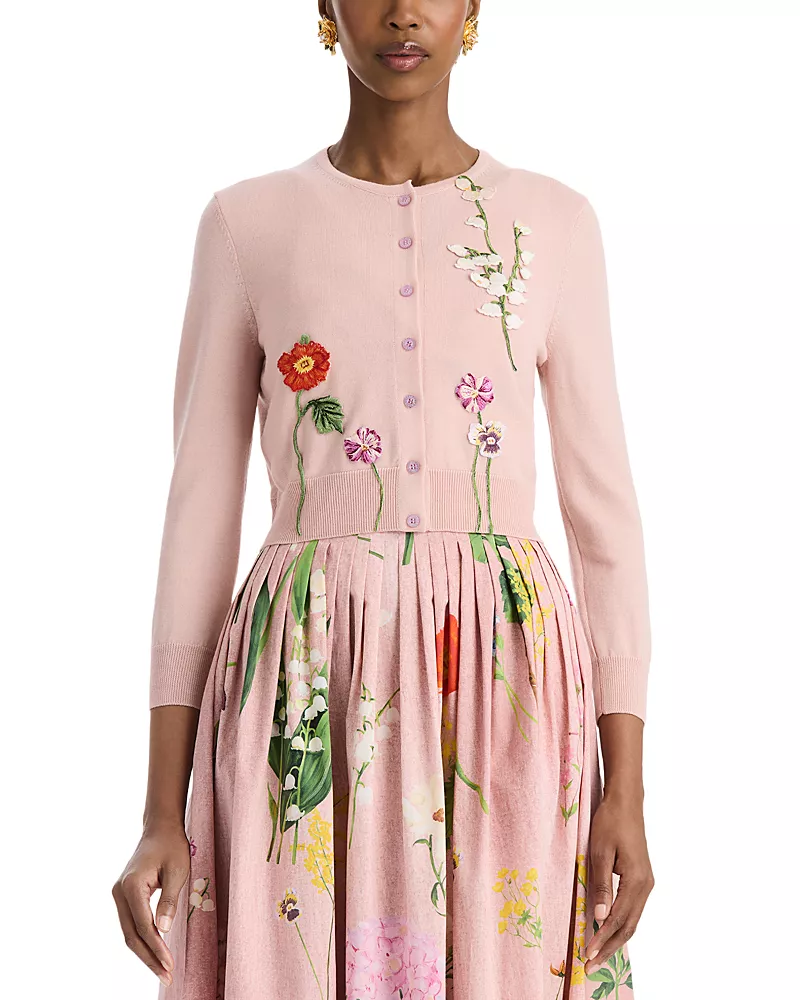 Oscar de la Renta Wool Crewneck Cardigan Sweater