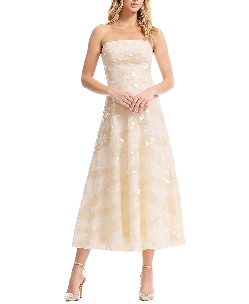 Dress the Population Kailyn Strapless Disc Sequin Floral A-Line Midi Dress