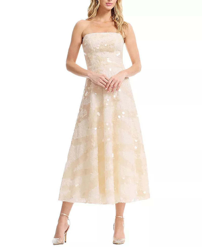 Dress the Population Kailyn Strapless Disc Sequin Floral A-Line Midi Dress