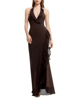  Kathleen Halter Plunge Ruffle Slit Gown