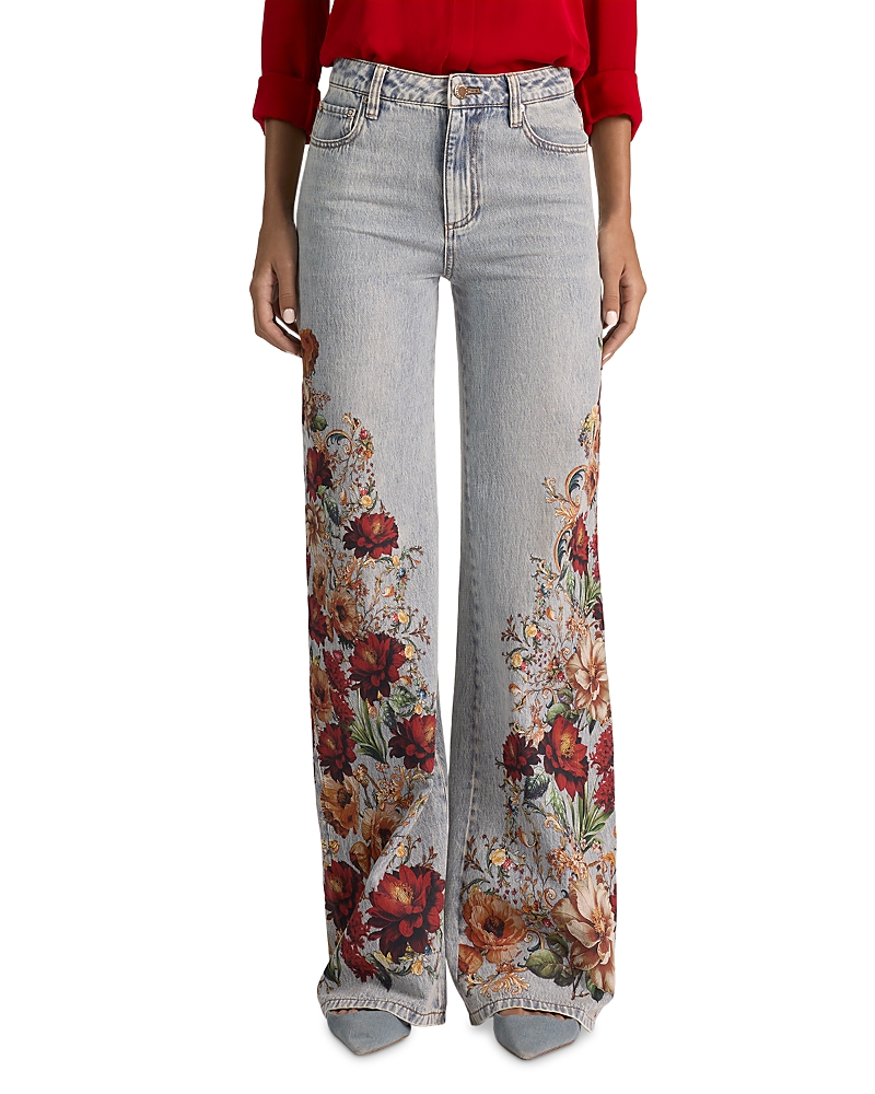 Alice and Olivia Chic High Rise Wide Leg Jeans in Rockstar Blue/Floral Radiance