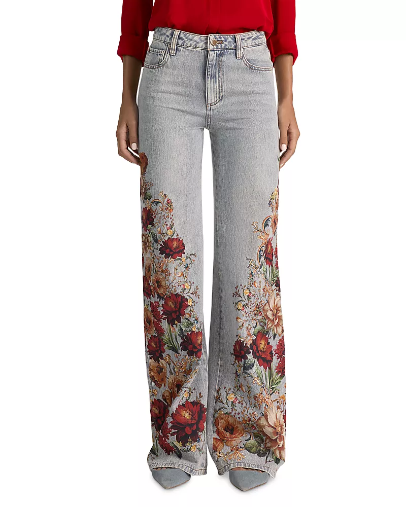 Alice and Olivia Chic High Rise Wide Leg Jeans in Rockstar Blue/Floral Radiance