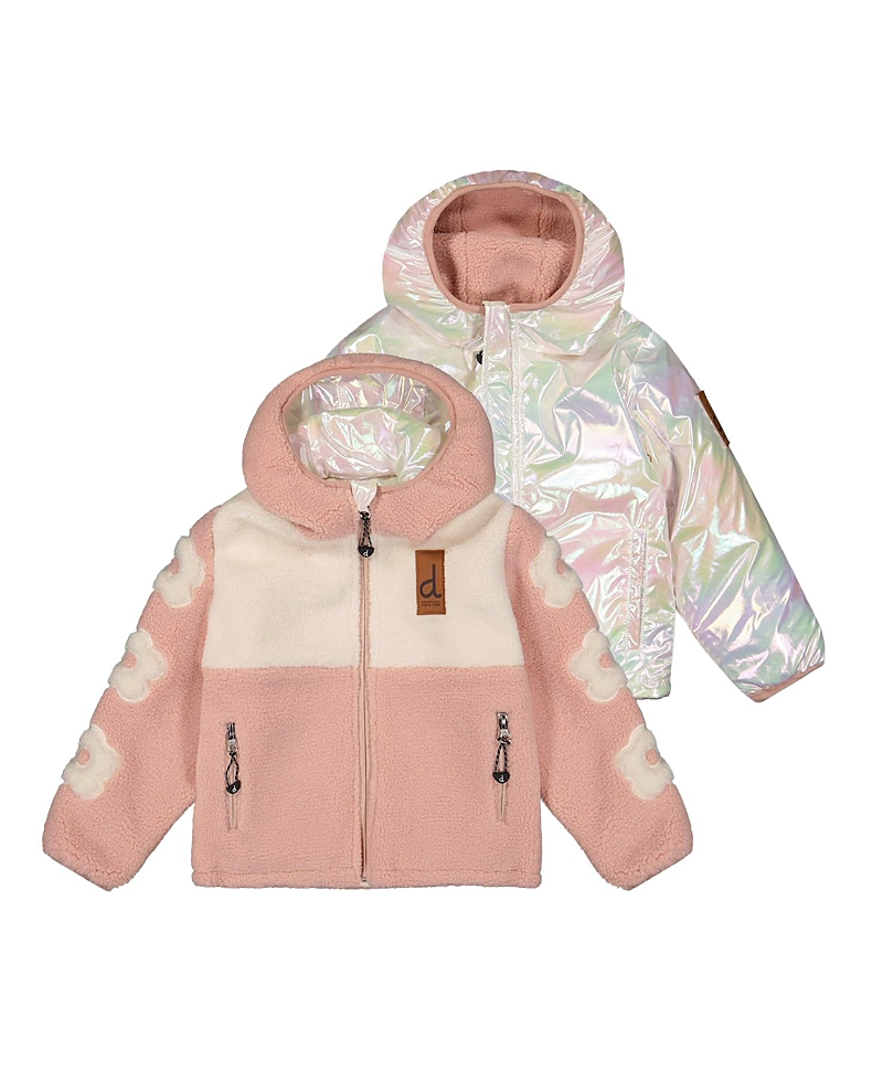 Deux par Deux Girls' Reversible Mid-Season Fleece Flower Sleeve Hooded Jacket - Big Kid