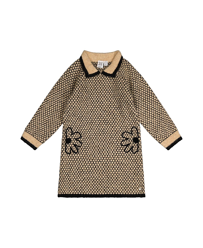 Deux par Deux Girls' Knit Collar Honeycomb Floral Embroidery Dress - Little Kid