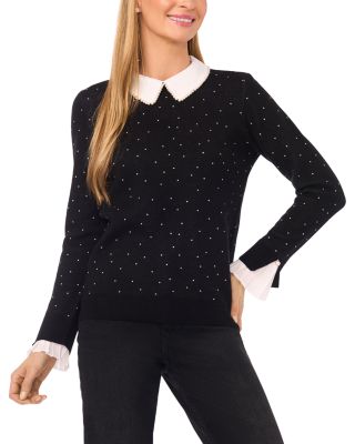 Faux Pearl Collar Polka Dot Sweater 