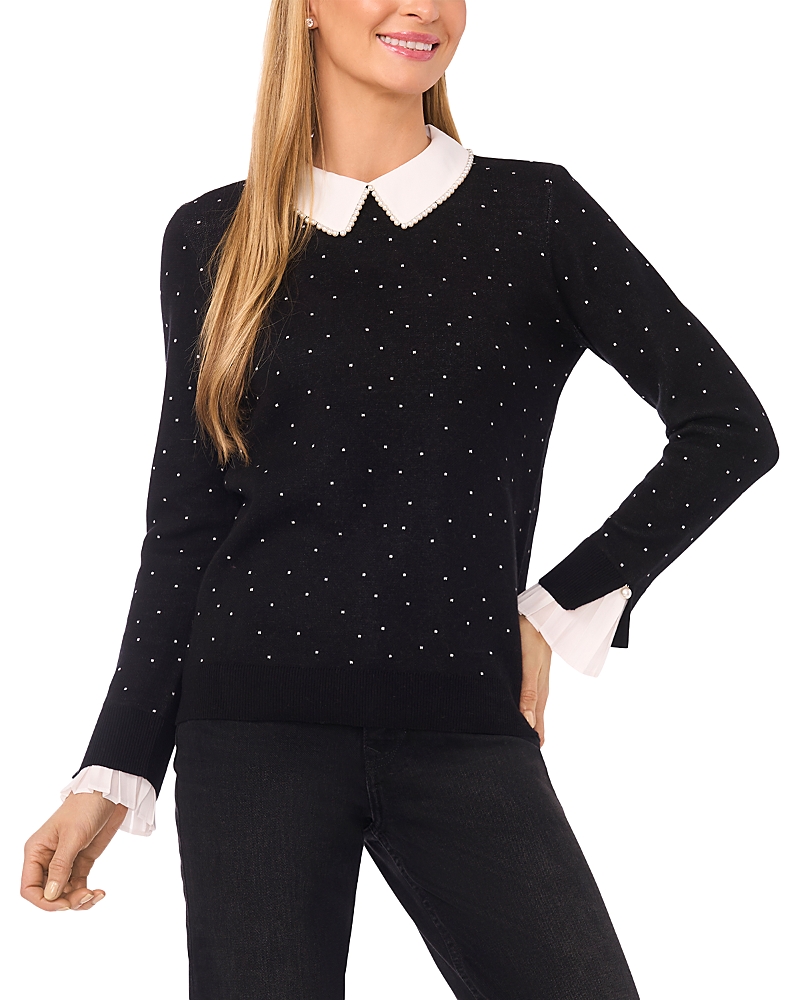 CeCe Faux Pearl Collar Polka Dot Sweater