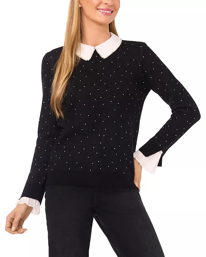 CeCe Faux Pearl Collar Polka Dot Sweater