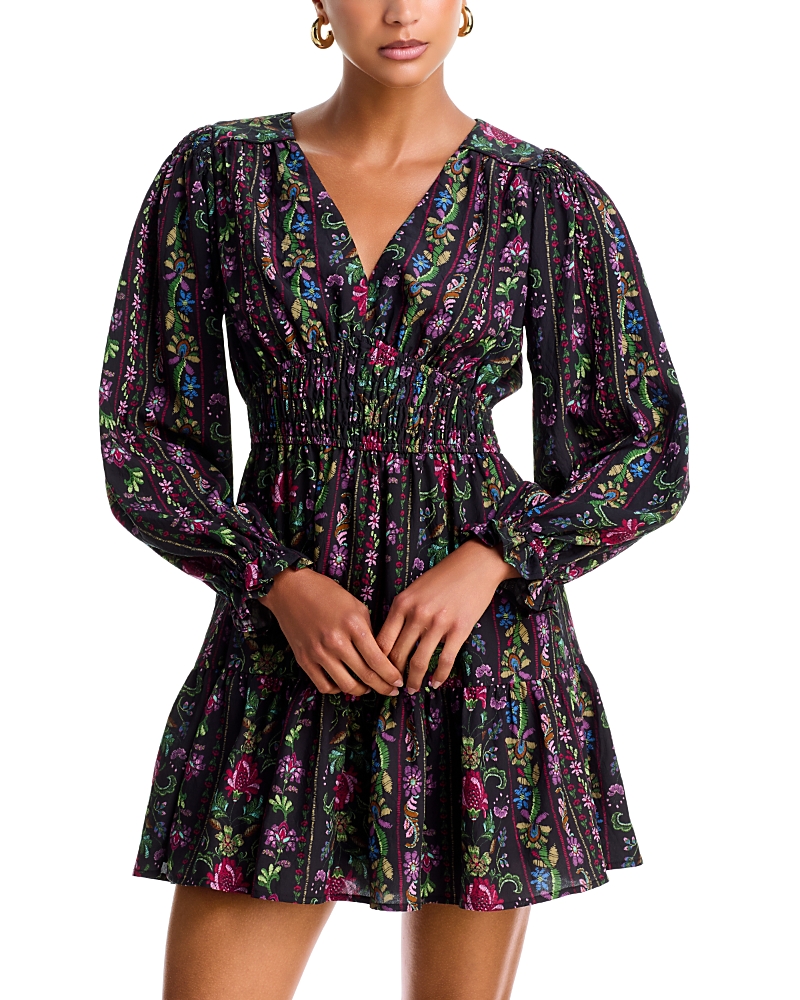 Aqua Floral Stripe V Neck Smocked Mini Dress - Exclusive In Black Multi