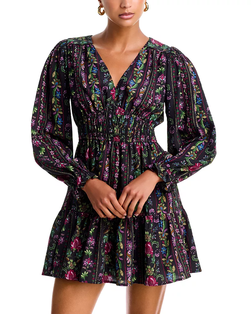 Aqua Floral Stripe V Neck Smocked Mini Dress - Exclusive