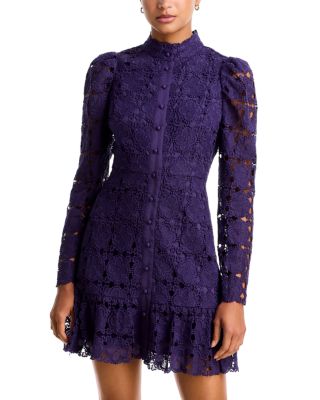 Aqua Floral Lace Mock Neck Long Sleeve Mini Dress - Exclusive In Eggplant