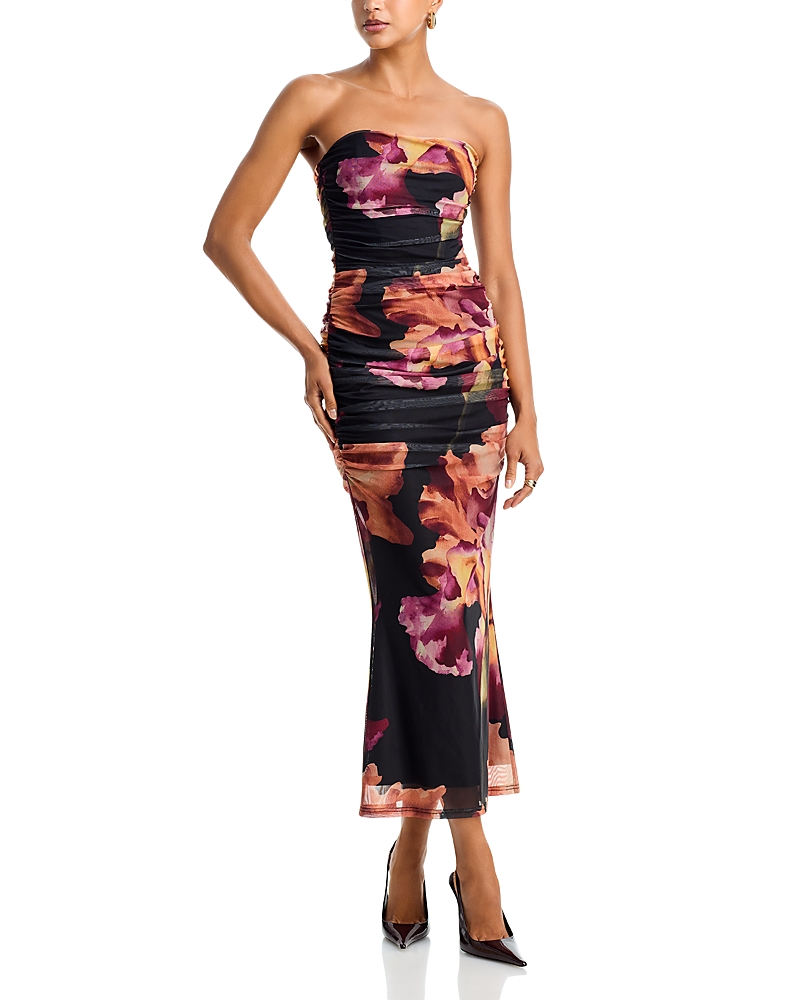 Aqua Placed Floral Mesh Strapless Iris Print Maxi Dress - Exclusive In Black Multi