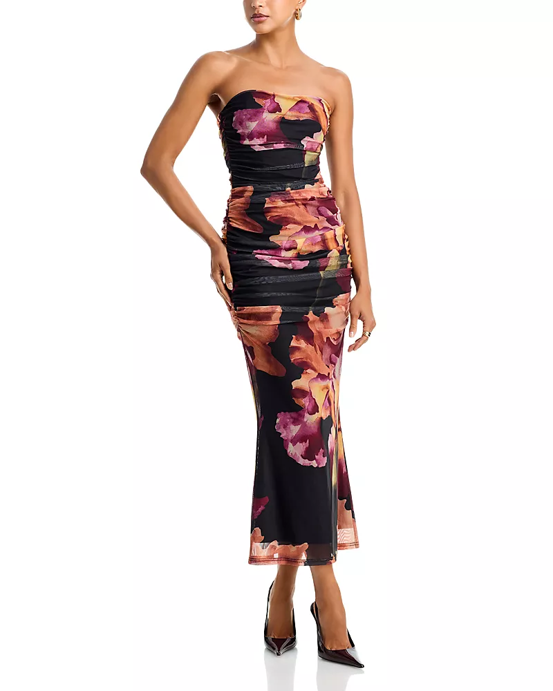 Aqua Placed Floral Mesh Strapless Iris Print Maxi Dress - Exclusive