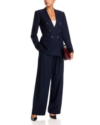 Pinstripe V Neck Collarless Blazer & High Rise Pleated Wide Leg Pants - Exclusive