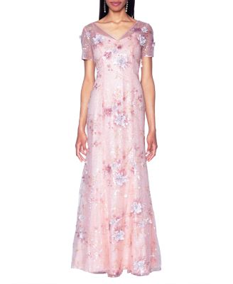 V-Neck Embroidered Gown with 3D Floral Applique