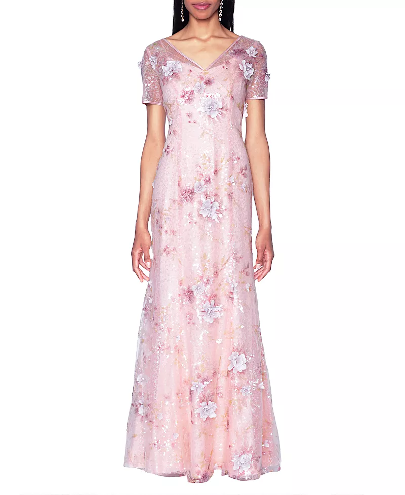 Shani V-Neck Embroidered Gown with 3D Floral Applique