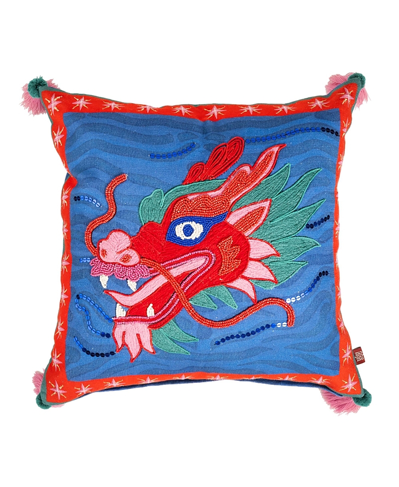 Zsa Zsa Zsu Ghuni Tasseled Embroidered Cotton Cushion, 19.6 x 19.6