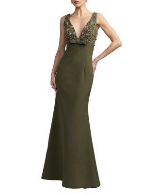  Crepe Sleeveless Beaded V Neck Gown With Bow