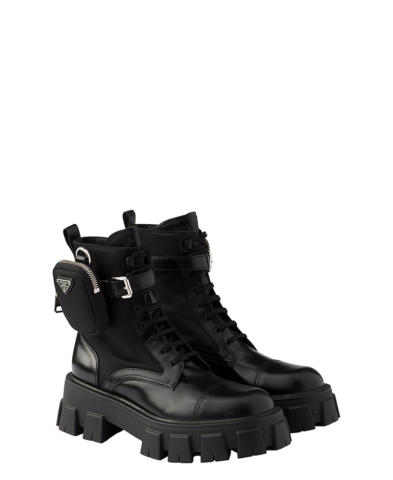 Prada Women's Monolith Leather And Re-Nylon Boots With Pouch