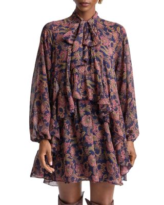 Printed Tie Neck Balloon Sleeve Mini Dress
