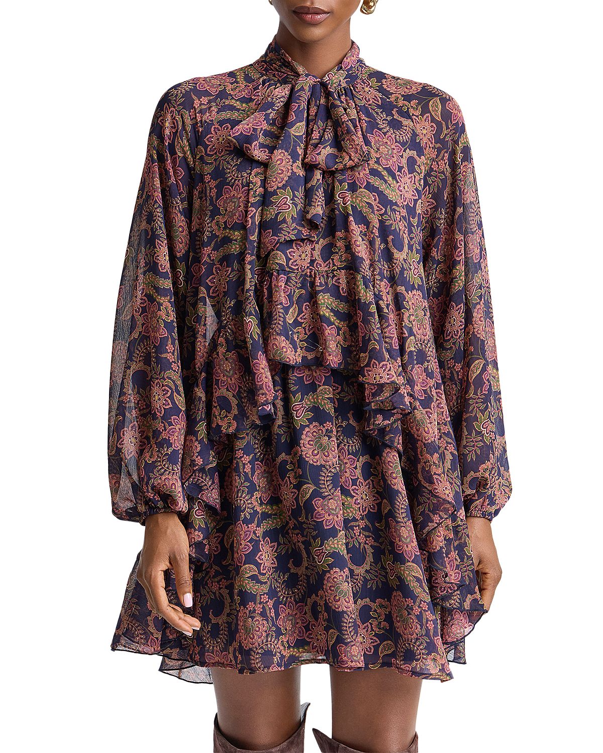 Avec Les Filles Printed Tie Neck Balloon Sleeve Mini Dress