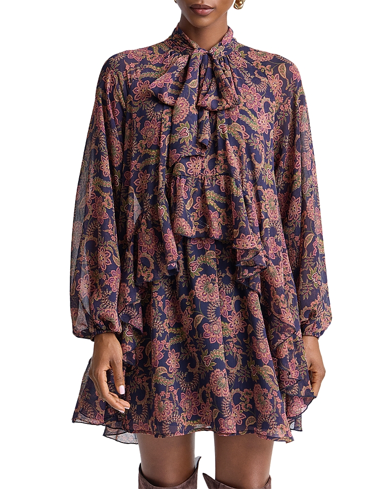 Avec Les Filles Printed Tie Neck Balloon Sleeve Mini Dress