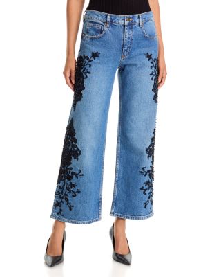 Lea Beaded High Rise Cropped Wide Leg Jeans in Mid Cerulean