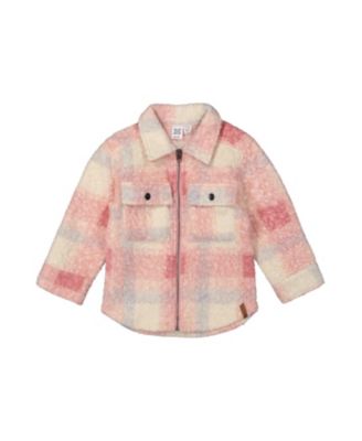 Girls' Zipped Plaid Fleece Chest Pockets Overshirt - Little Kid