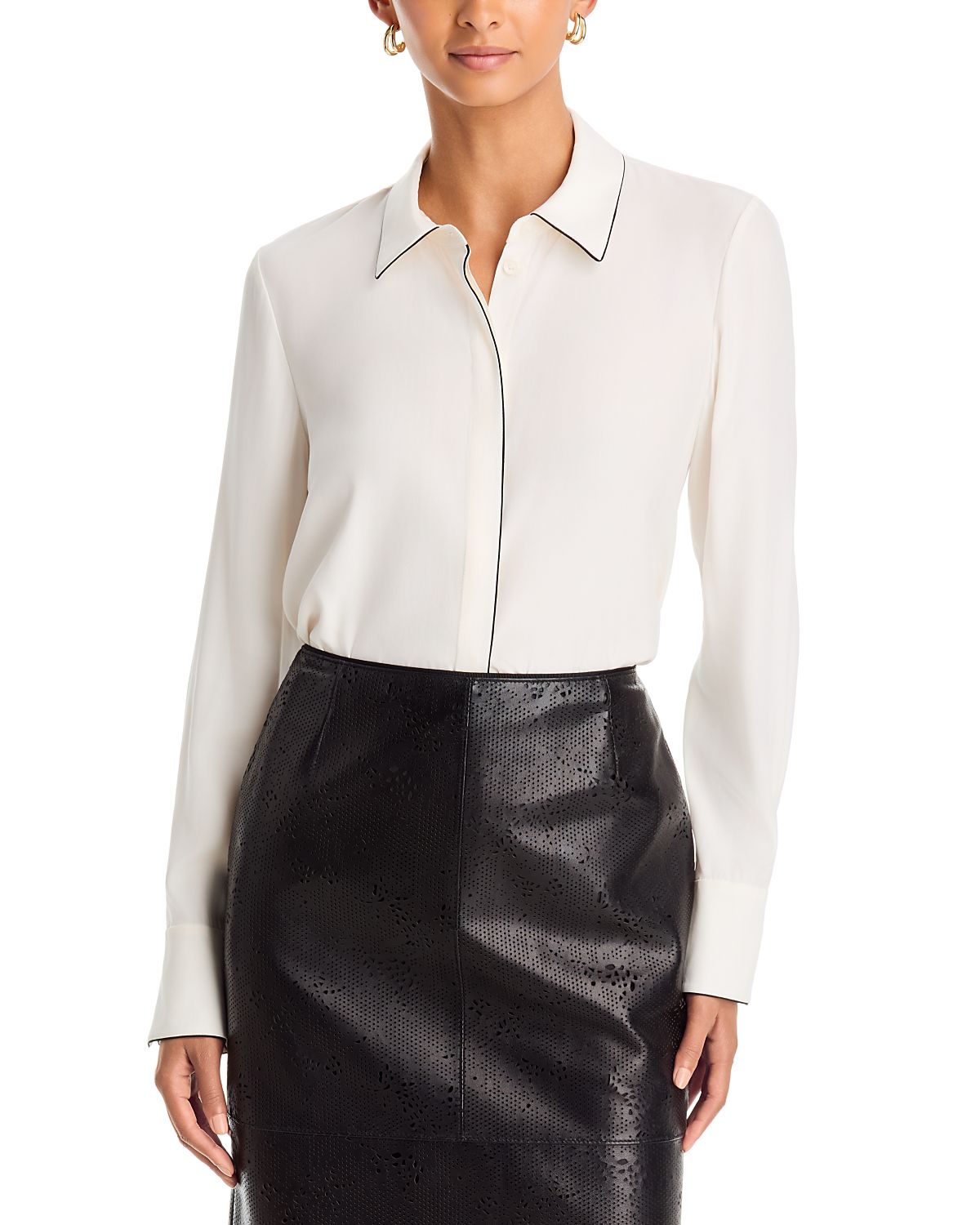 Lafayette 148 New York Scottie Silk Contrast Piping Blouse