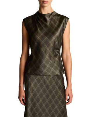 Vince Diamond Plaid Draped Silk Top