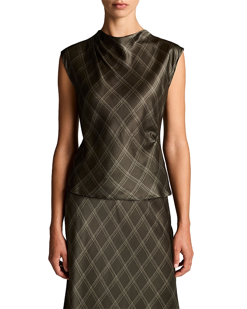 Vince Diamond Plaid Draped Silk Top