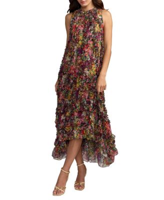  Sleeveless Floral Print Chiffon Micro Ruffle Gown
