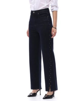 High Rise Straight Leg Denim Jeans with Studded Detailing in Rinse Wash