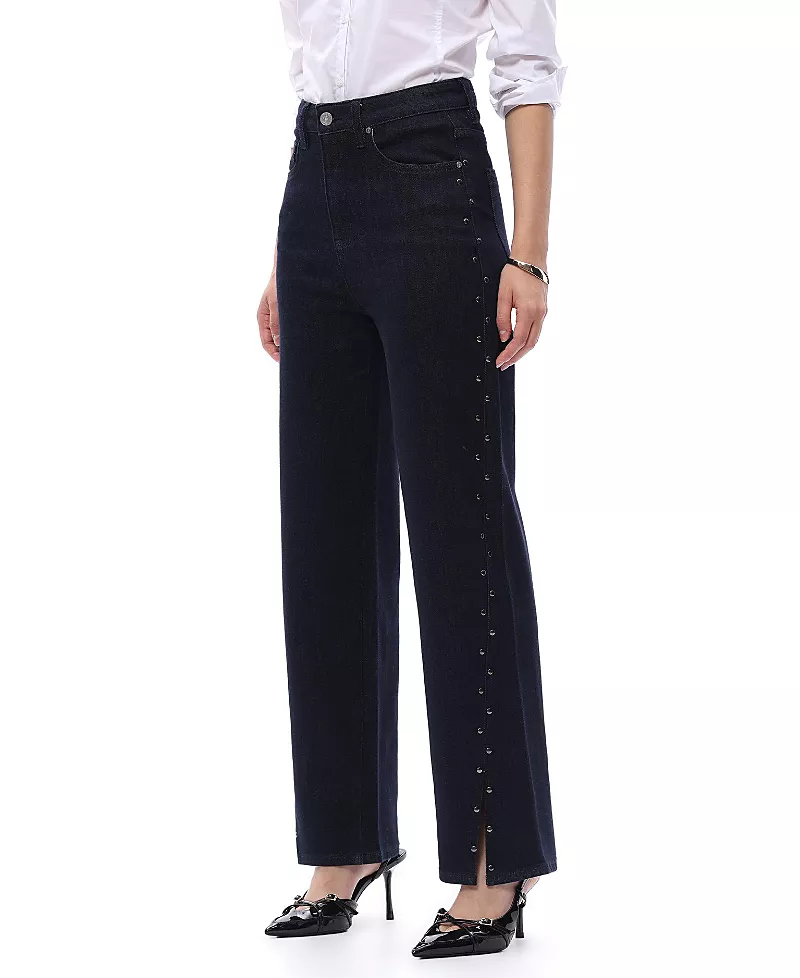 Bayeas High Rise Straight Leg Denim Jeans with Studded Detailing in Rinse Wash