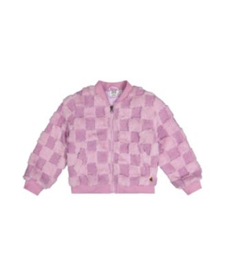 Girls' Faux Fur Jacquard Checkerboard Front Pocket Bomber Jacket - Little Kid