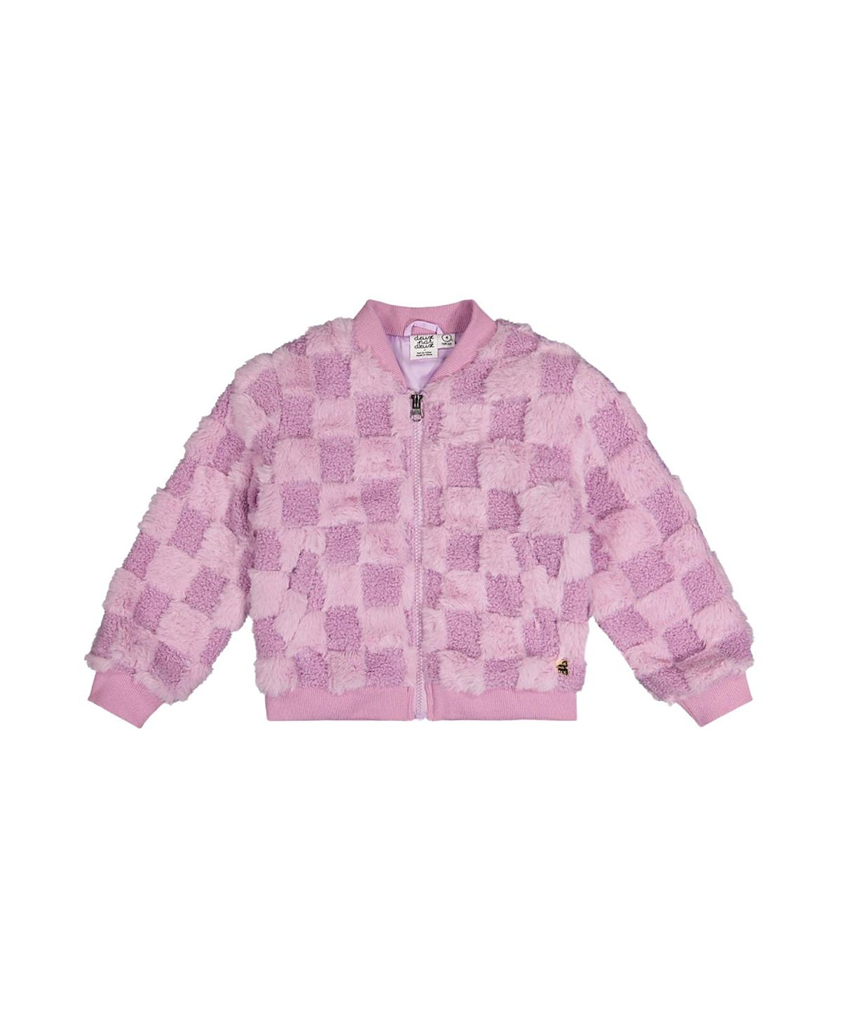 Deux par Deux Girls' Faux Fur Jacquard Checkerboard Front Pocket Bomber Jacket - Big Kid