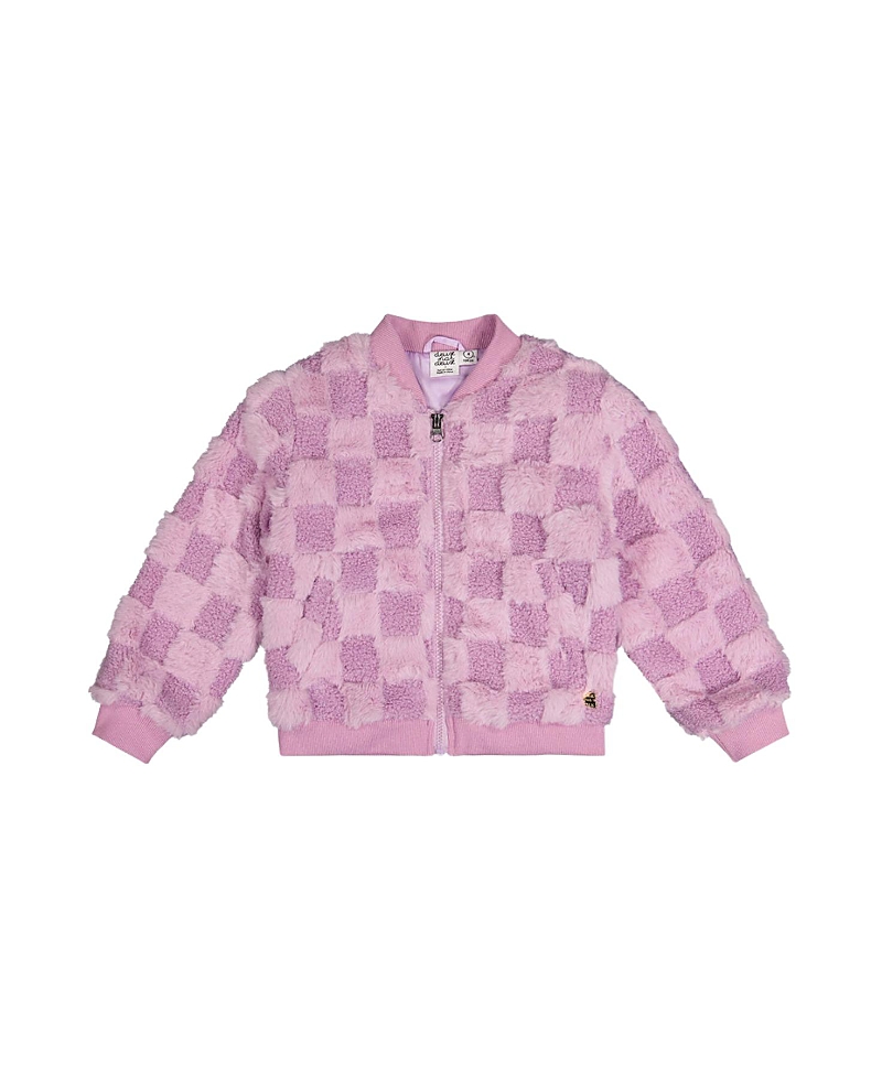 Deux par Deux Girls' Faux Fur Jacquard Checkerboard Front Pocket Bomber Jacket - Little Kid
