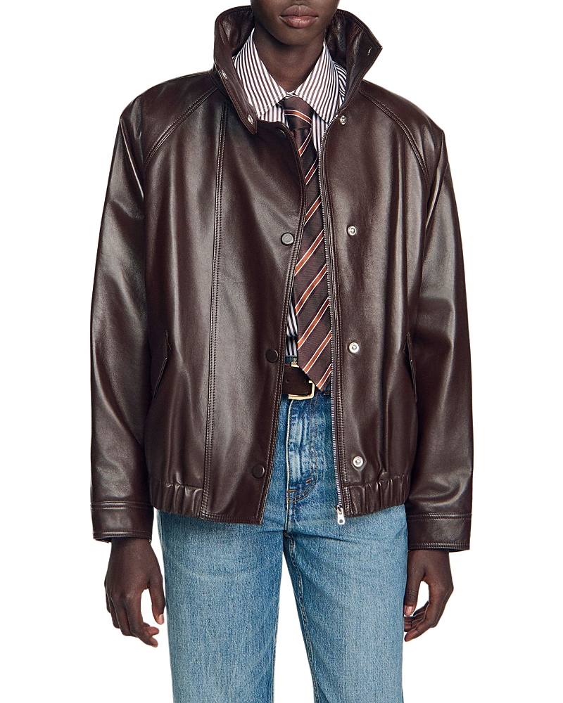 Sandro Joghen Stand Collar Leather Jacket In Brown