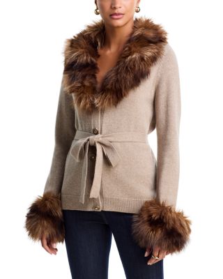 Sandy Wool Blend Faux Fur Trim Cardigan
