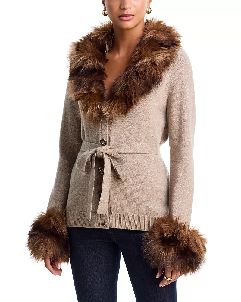 Cinq a Sept Sandy Wool Blend Faux Fur Trim Cardigan