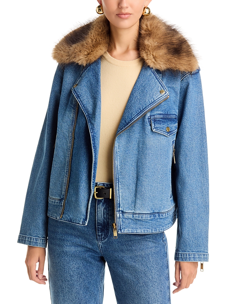 Michael Kors Faux Fur Collar Denim Moto Jacket