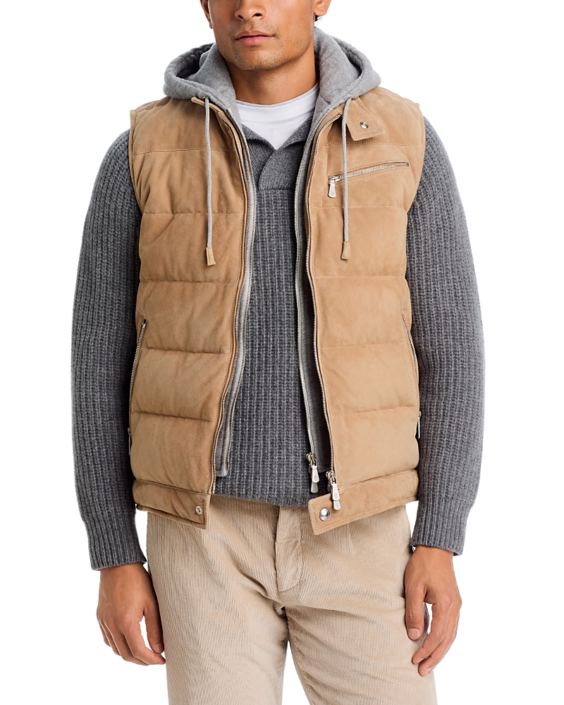 Eleventy Suede Vest With Removable Wool & Cashmere Knit Hood