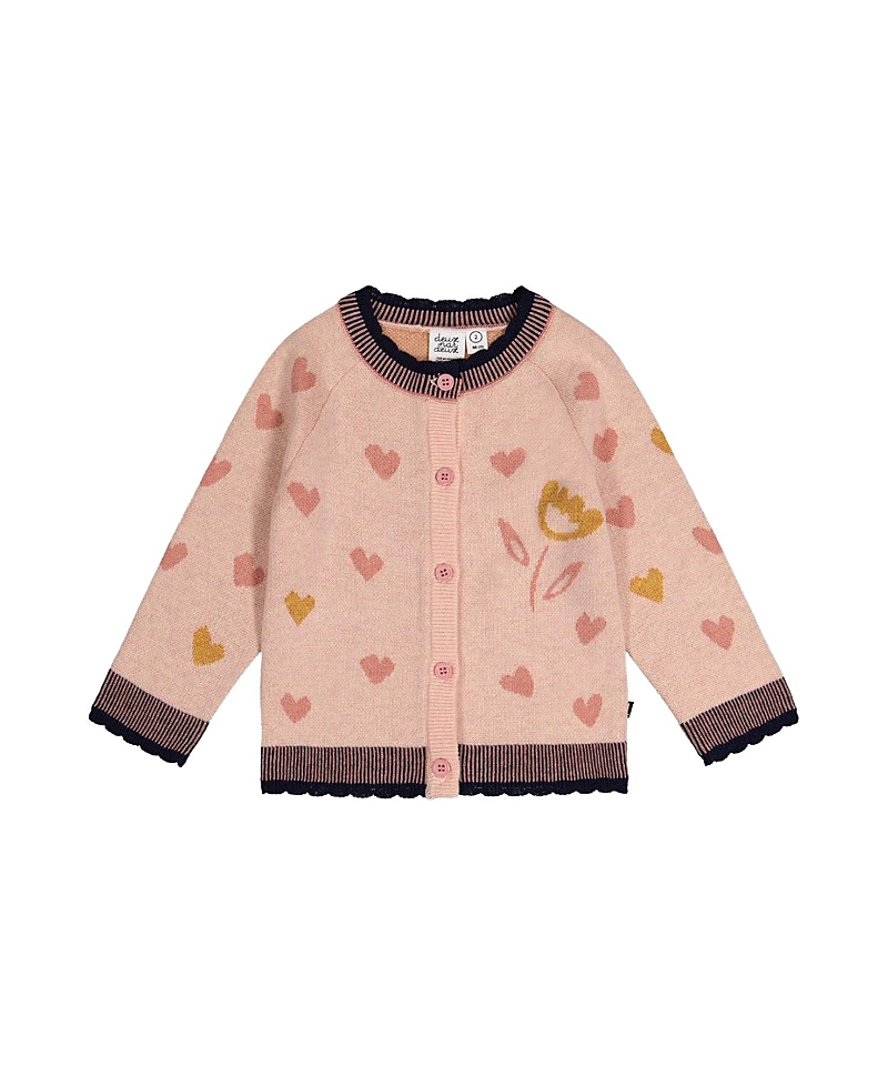 Deux par Deux Girls' Knitted Jacquard Heart Pattern Scalloped Trim Cardigan - Little Kid