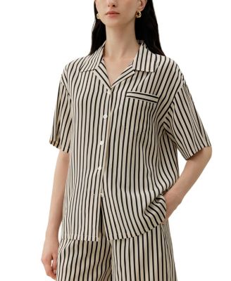  Women's Striped Silk Cuban Collar Shirt