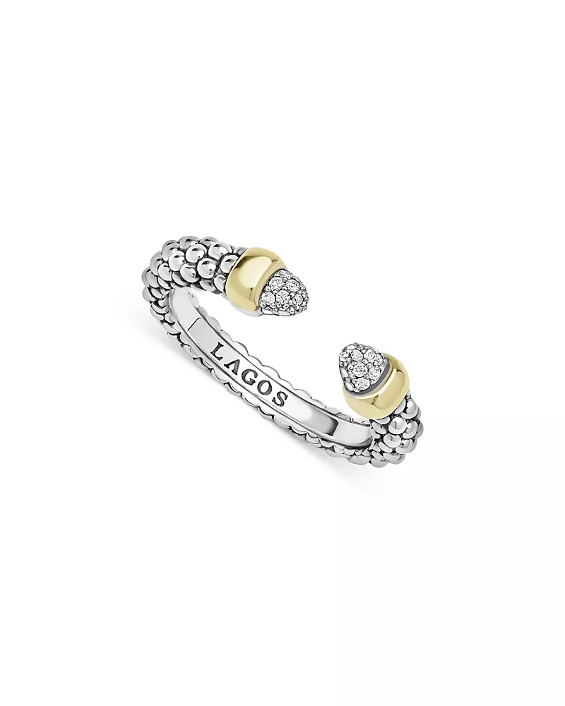 Lagos 14K Yellow Gold & Sterling Silver Signature Caviar Diamond Stack Ring, 0.05 tcw