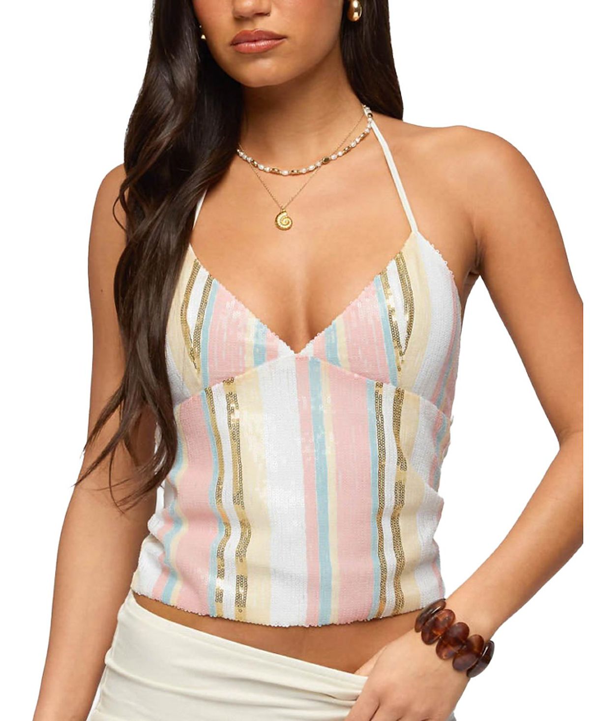 Edikted Raquel Sequin Striped Halter Top