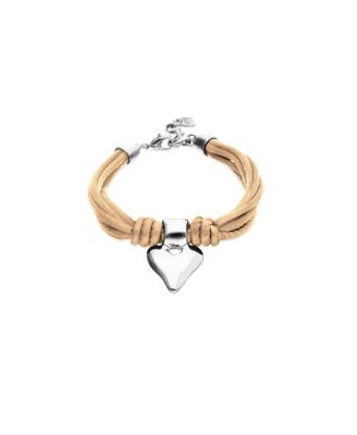  Silk-Effect Thread Blend Bracelet with Beige Leather and Silver Heart Detail