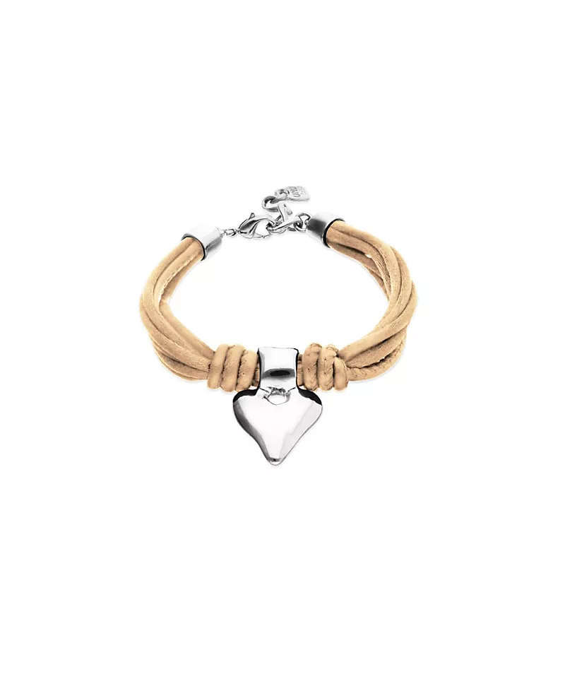 UNOde50 Silk-Effect Thread Blend Bracelet with Beige Leather and Silver Heart Detail