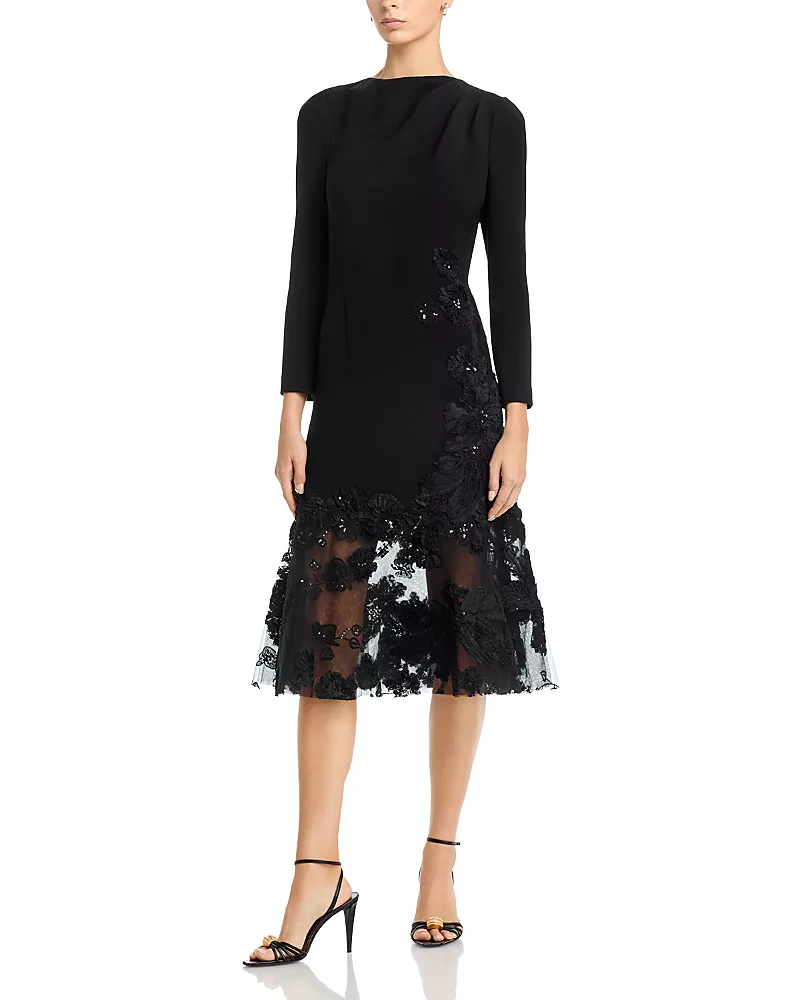 Teri Jon by Rickie Freeman Crepe Long Sleeve Embellished Hem Dress