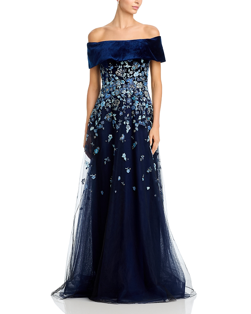Teri Jon By Rickie Freeman Velvet & Embroidered Tulle Off-the-Shoulder Gown